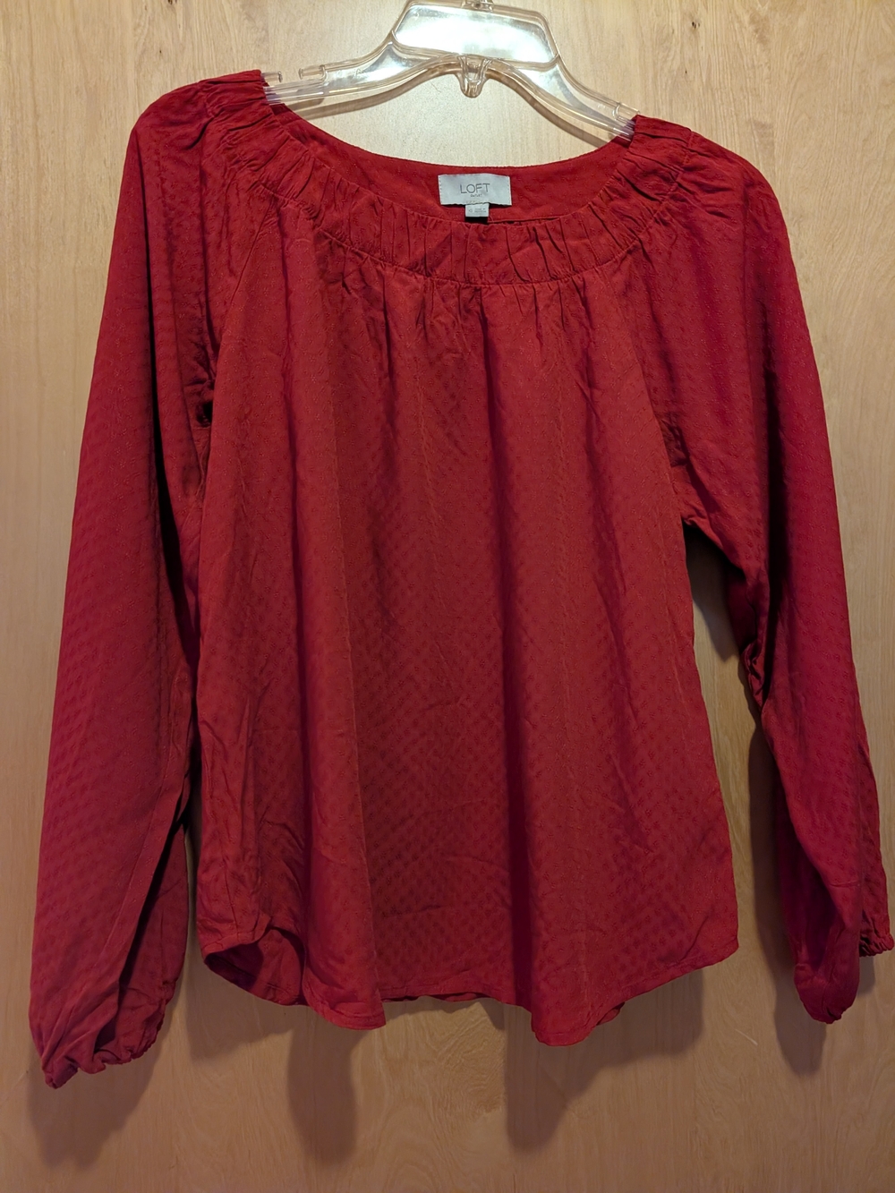 LOFT Ruby Red Long-Sleeve Gathered-Neck Blouse -New